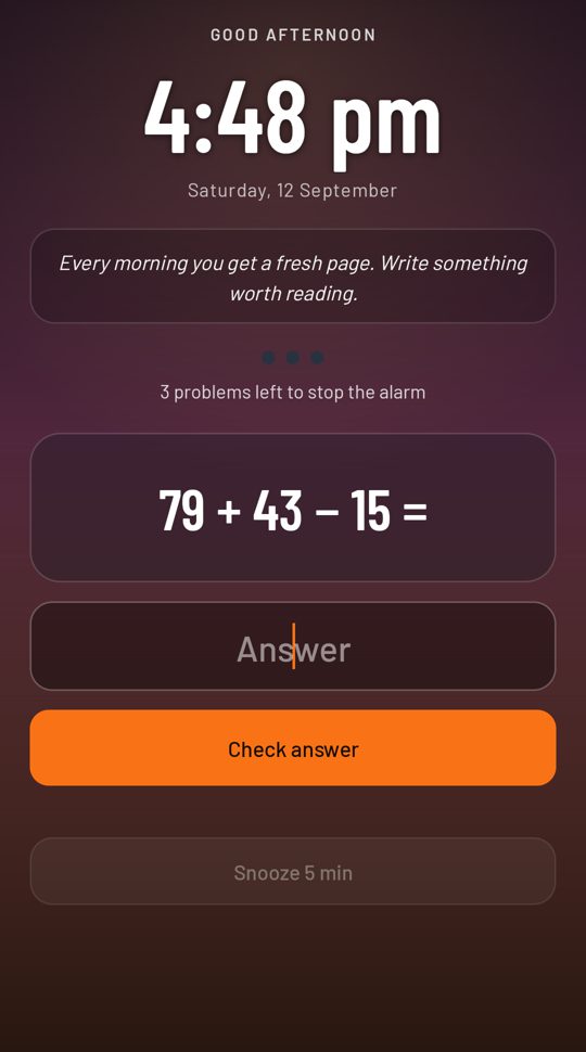 UthJa Alarm ringing: the clock, a motivational line and a maths problem to solve