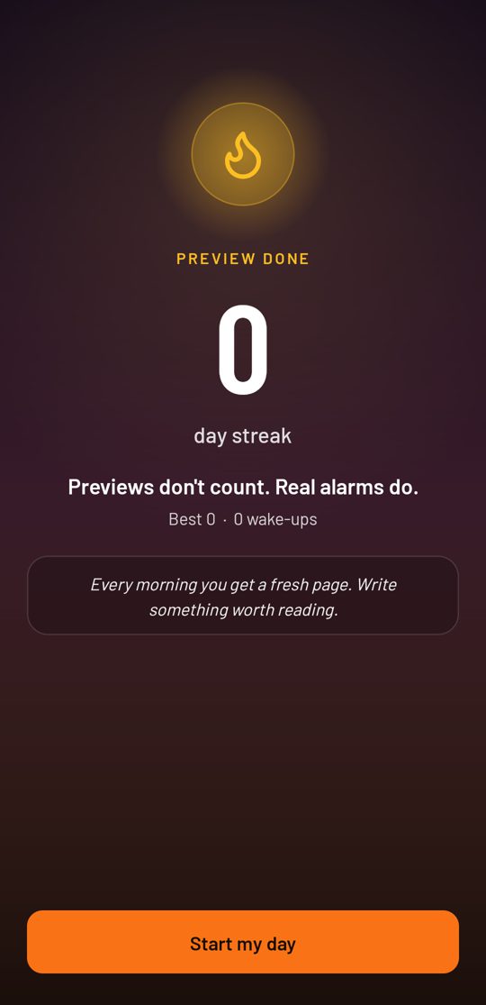 The streak screen after dismissing an alarm, with a large day count